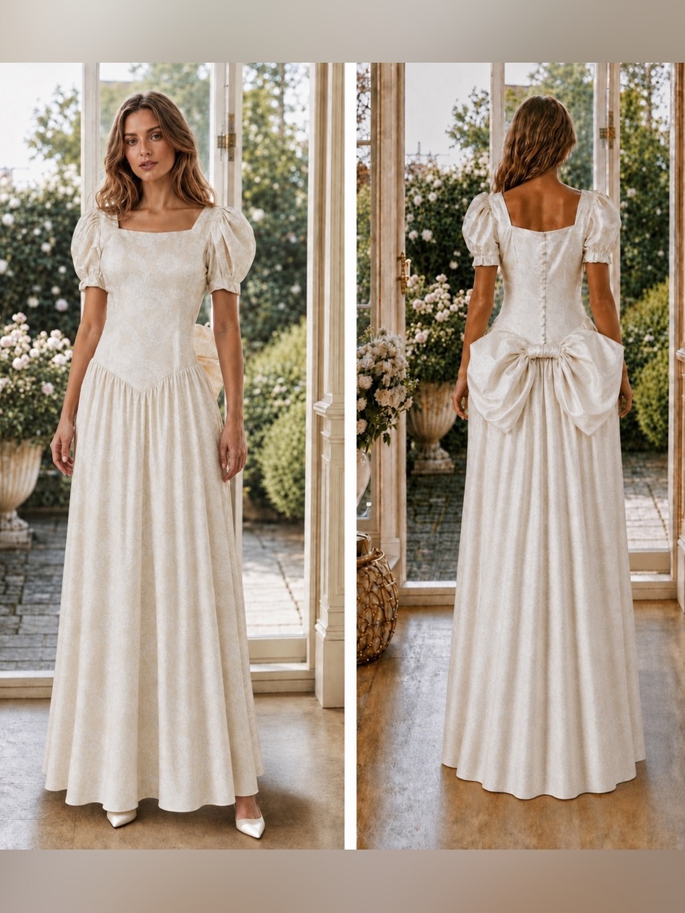 Vintage Laura Ashley Wedding Gown w/ Bow & Floral Basque Waist, Made UK, US 10